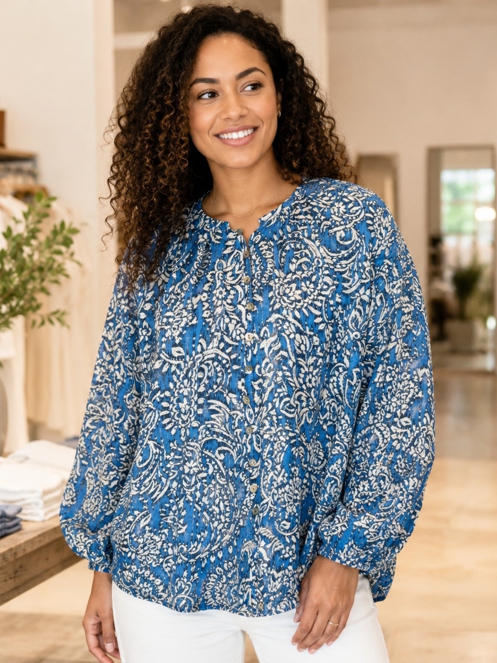 Zara Blue and White Floral Peasant Blouse NWOT